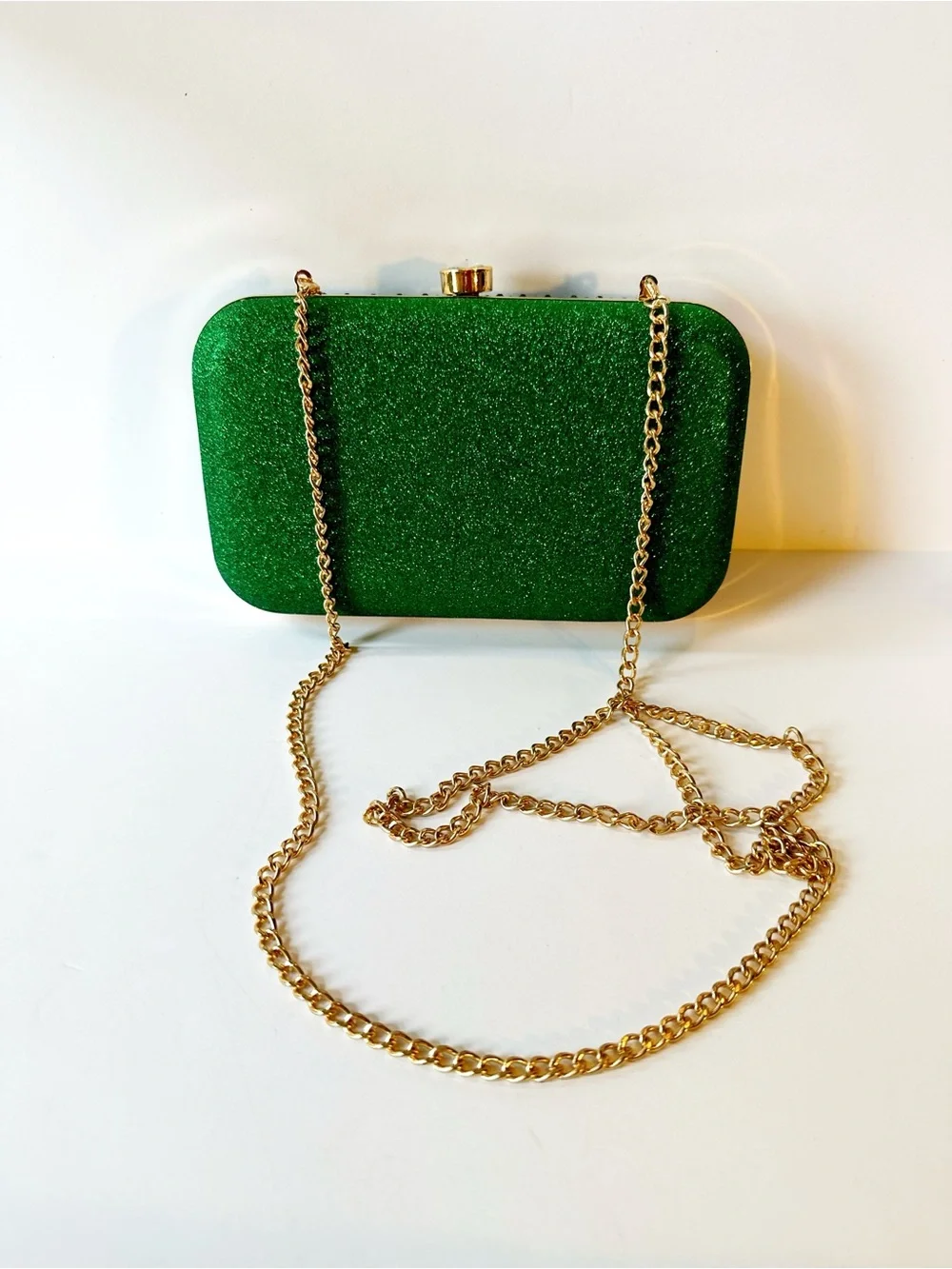 Green Crystal Evening Clutch with Gold Chain Strap